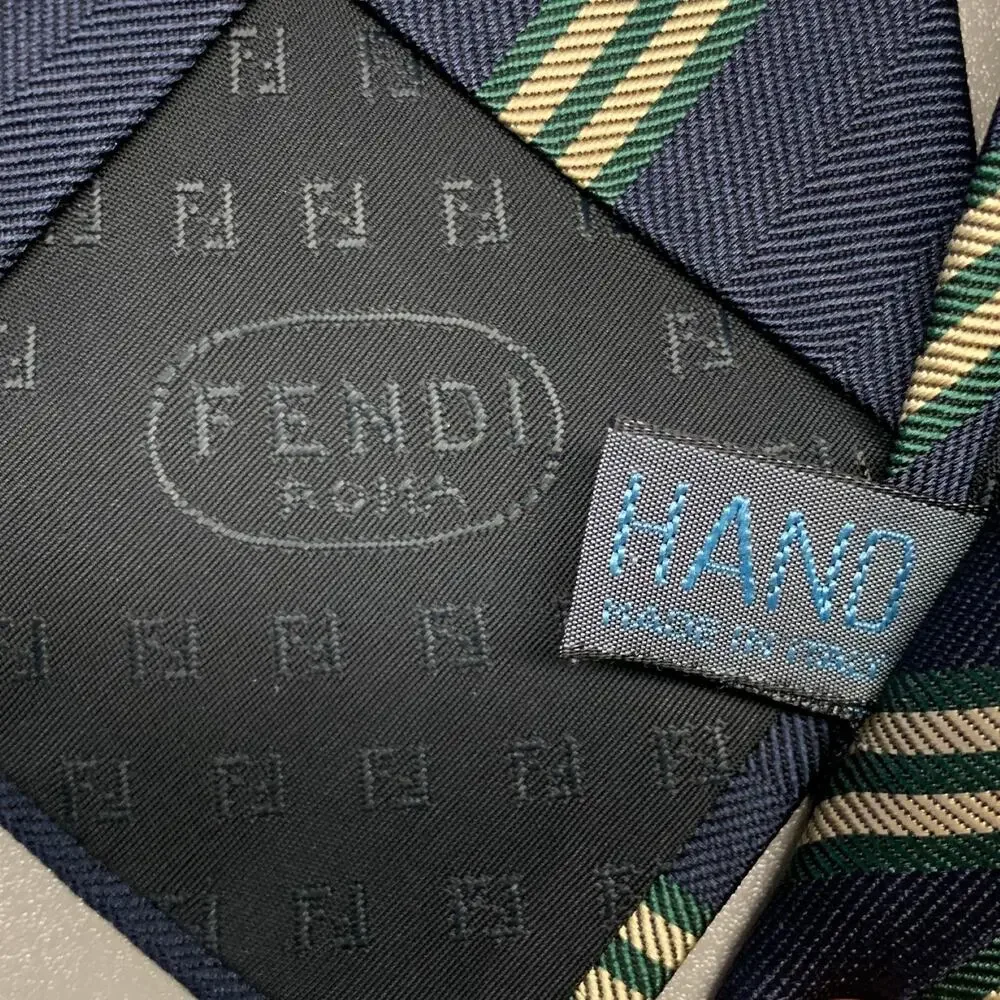 FENDI Navy Gold Diagonal Stripe Silk Tie